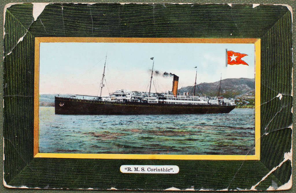 Post card sent by Bertie to Sarah Dec 11 1912: Dear S, just a card to say I am getting on splendid. I was a bit sick on boat. It was very rough but it is much calmer now. We expect to get to Tenniriffe tonight. Wishing you a Merry Xmas with love from B. Thnaks for present.