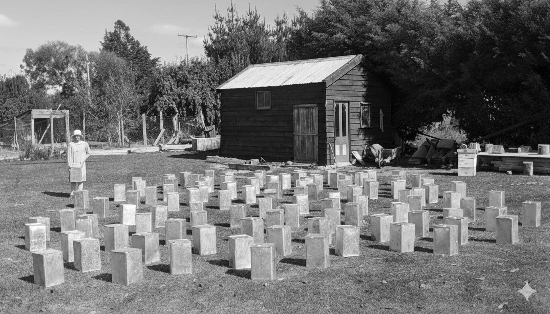 Honey tins drying in the sun before refilling. . Honeyhouse in the background. Mary on the left. New Zealand Cloake.